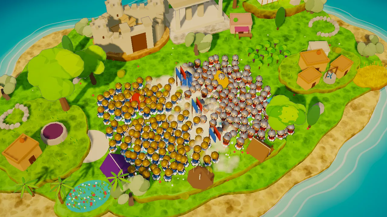 Two armies of little soldiers clash on a green hill, seen from high above